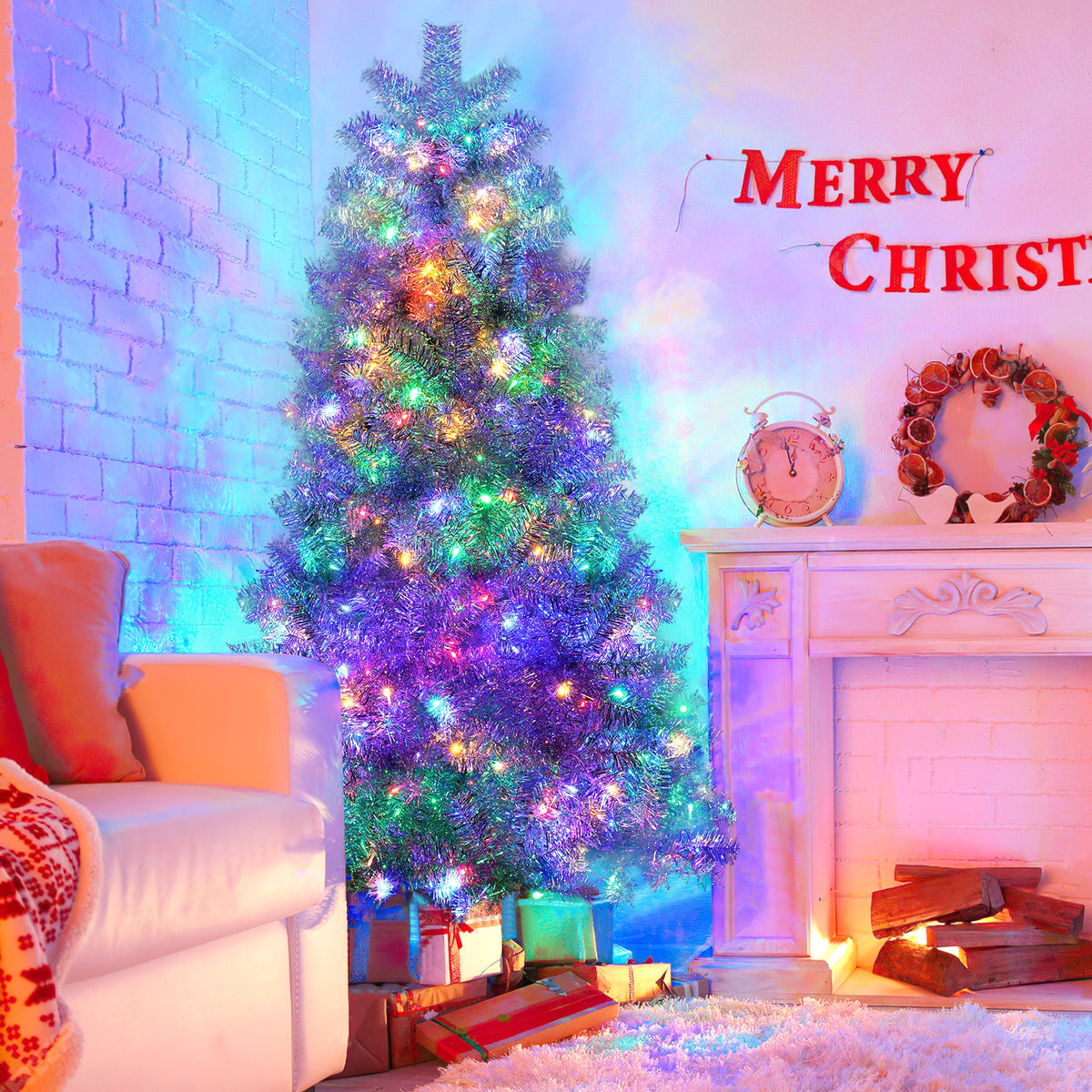 Roomfitters Pre-Lit Artificial Christmas Tree 6FT, Full Hinged Holiday Tree with Metal Stand, Warm Lights, 800 Tips, Silver Roomfitters