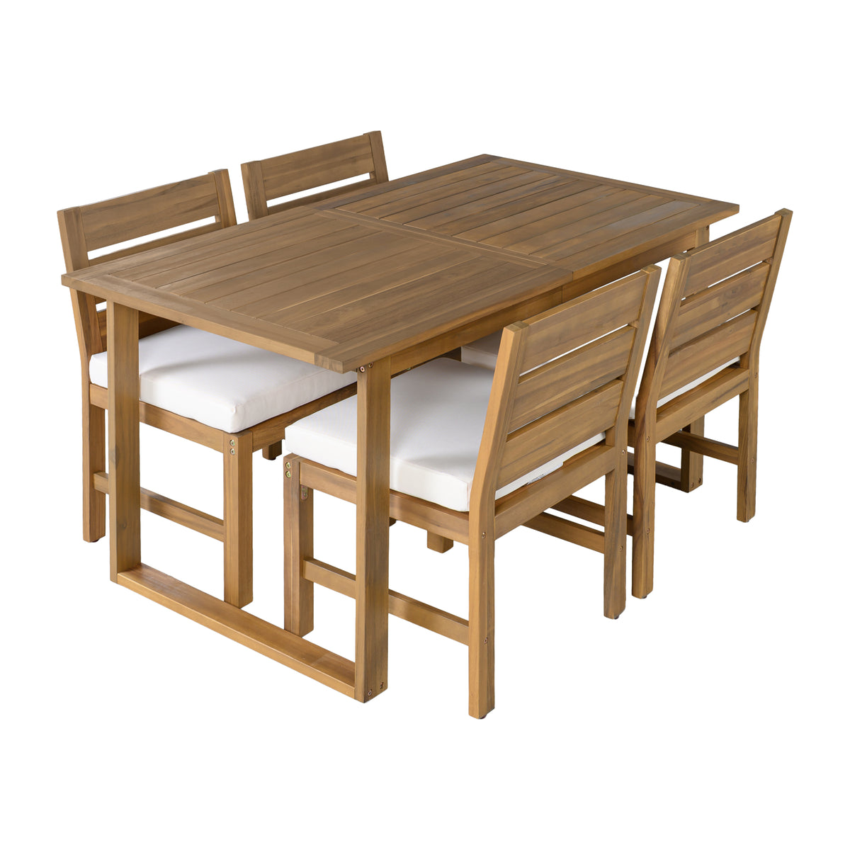 variant-group:rf-n711wy000497aaa|Roomfitters Farmhouse 5-Piece Outdoor Dining Set for 4, Acacia Wood Table and Chair Pack, Beige and Natural Slatted