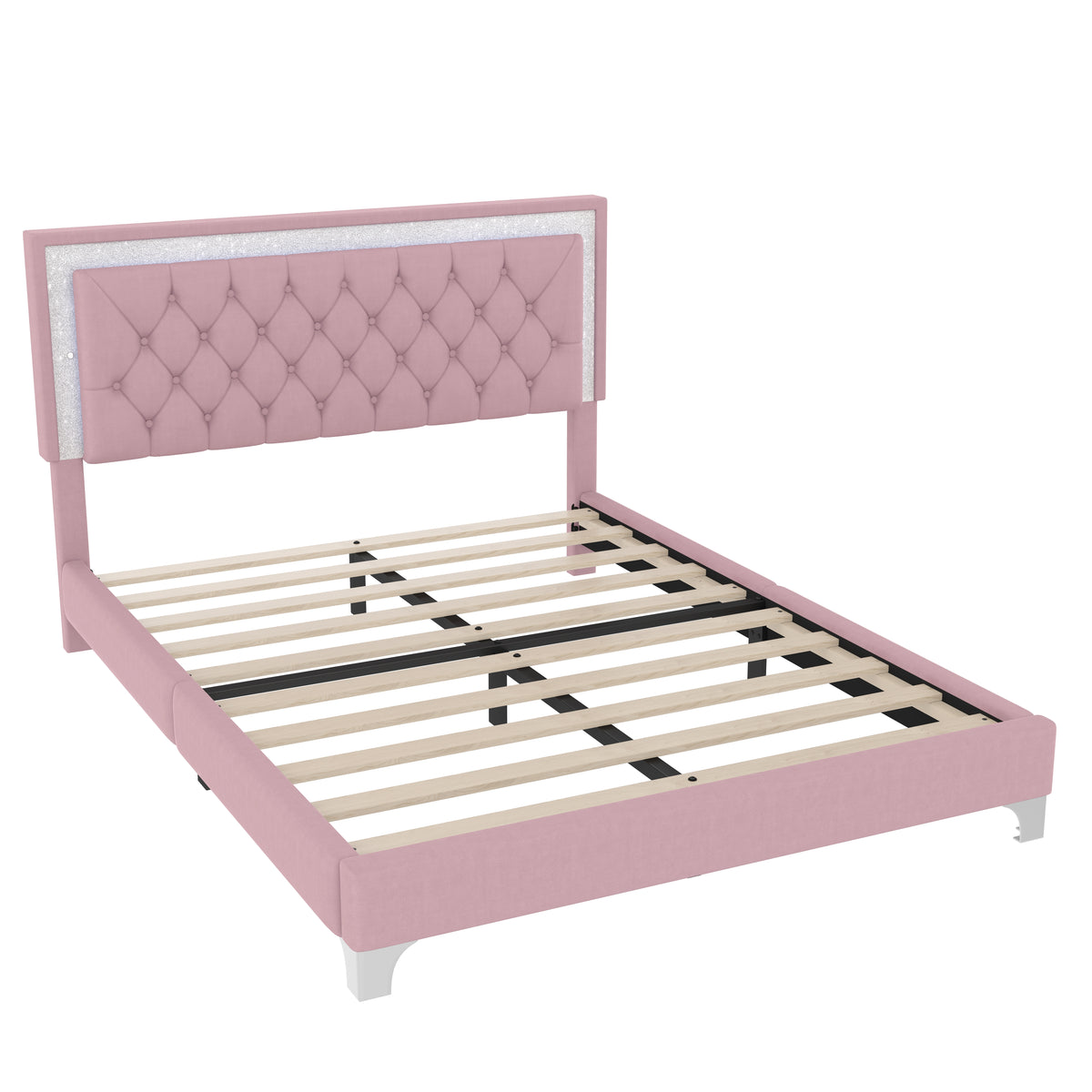 variant-group:rf-n733p183657h|Roomfitters Modern Velvet Queen Platform Bed with Tufted Headboard and Built-In Lighting, Pink