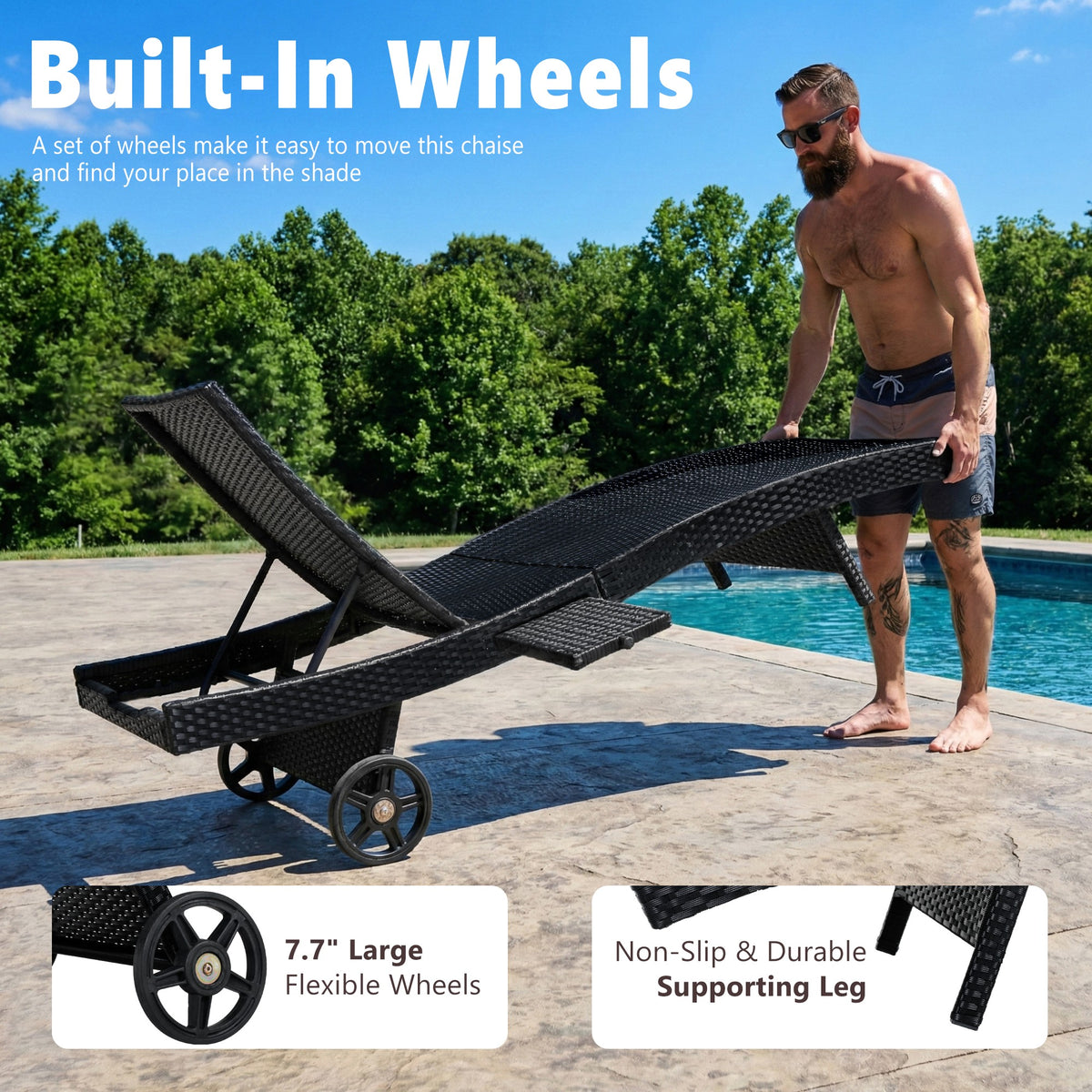 variant-group:rf-n707p395515b|Roomfitters 80"W Patio Chaise Lounge Chairs Set of 2 with Wheels, Folding Table, Adjustable Rattan Loungers, Black