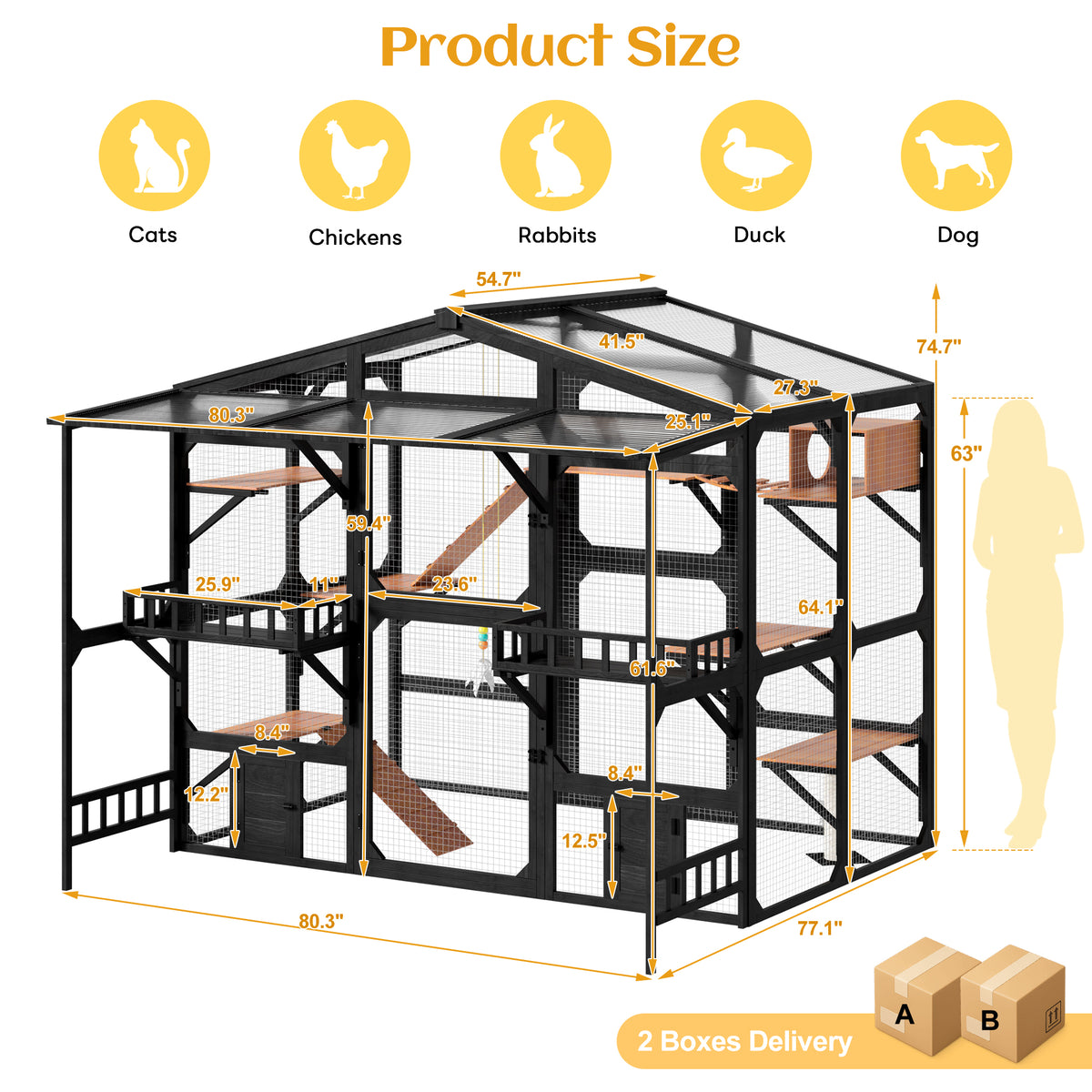 variant-group:rf-n704g201620b|Roomfitters Extra Large Wood Catio Cat Cage Outdoor Kennel with Transparent Sunroof and Dual Storage Shelves Black