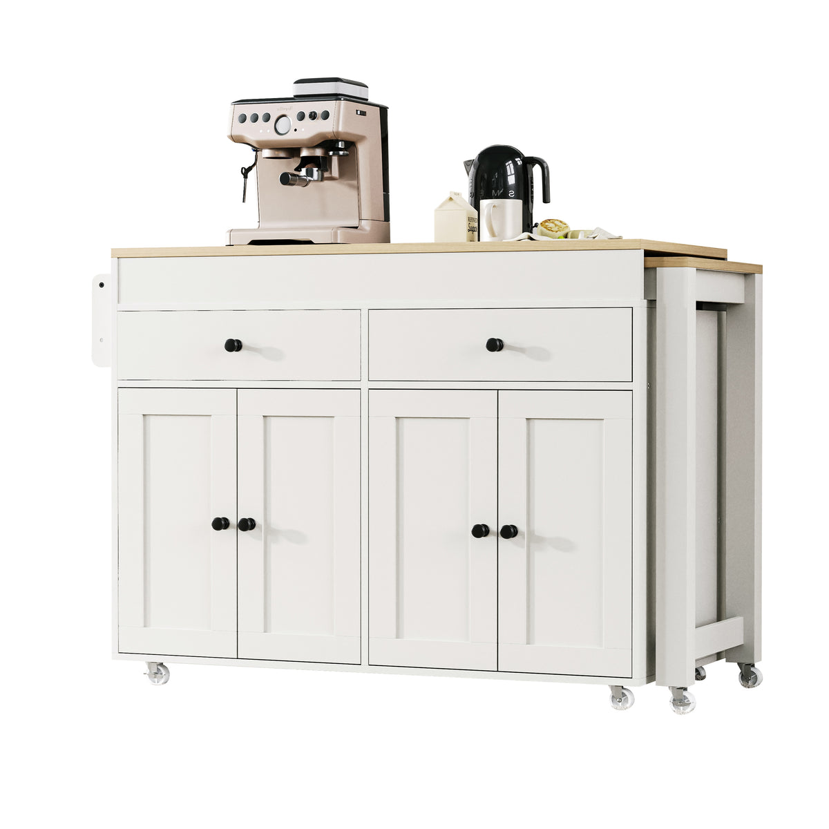 variant-group:rf-n707s000009w|Roomfitters 74.5" Kitchen Island with Extendable Table, Rolling Cart with Spice Rack, Storage Cabinet, White