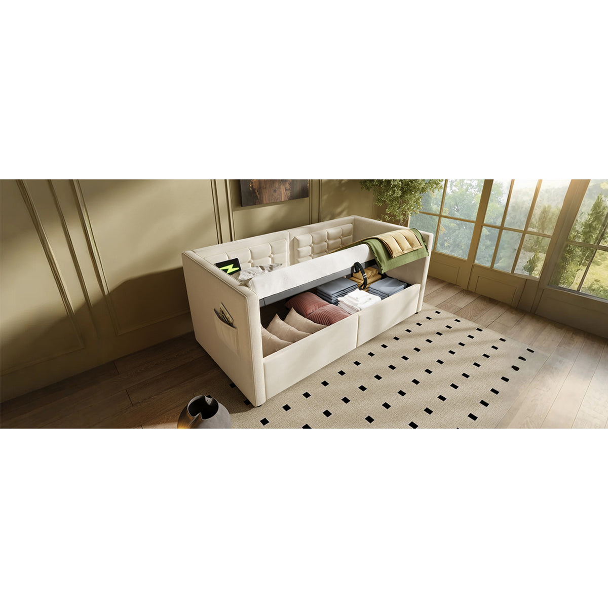 variant-group:rf-n736p303402b|Roomfitters Upholstered Twin Size Daybed with Storage, USB & Type-C Charging, Tufted Sofa Back, Velvet Beige