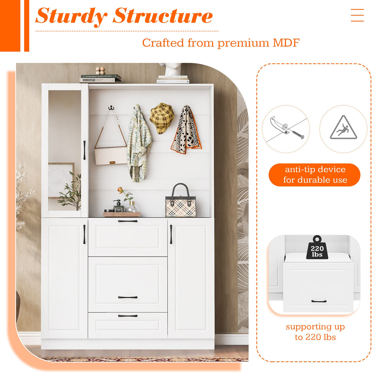 Roomfitters Entryway Bench with Shoe Cabinet and Mirror Door, Foldable Seat and 4 Hooks, White Roomfitters