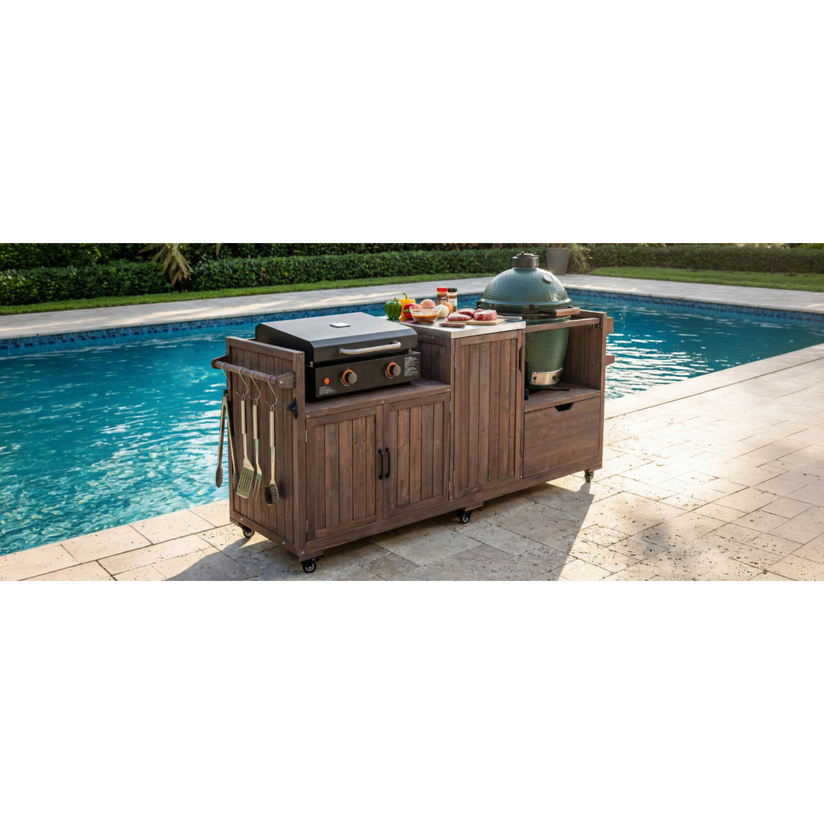 variant-group:rf-n707p392140z|Roomfitters 80.5" Extra Large Grill Cart, Outdoor Kitchen Prep Station with Stainless Steel Top & Kamado Grill Stand, Dark Brown