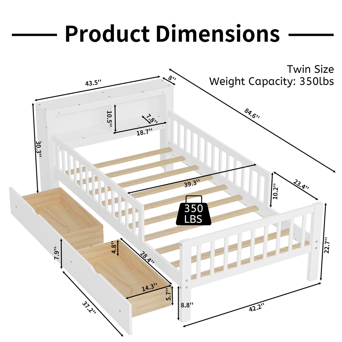 variant-group:rf-n733p272374k|Roomfitters Twin Bed with Headboard Storage Rack, Under-Bed Storage and Three-Side Guardrails, White