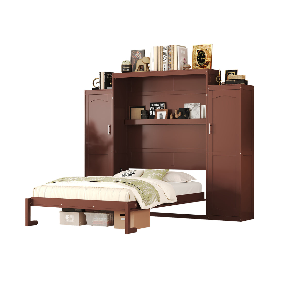 variant-group:rf-n733s235627d|Roomfitters Queen Murphy Wall Bed with Two Wardrobes and Storage Shelf, Foldable Platform Bed Frame for Guest Room, Walnut