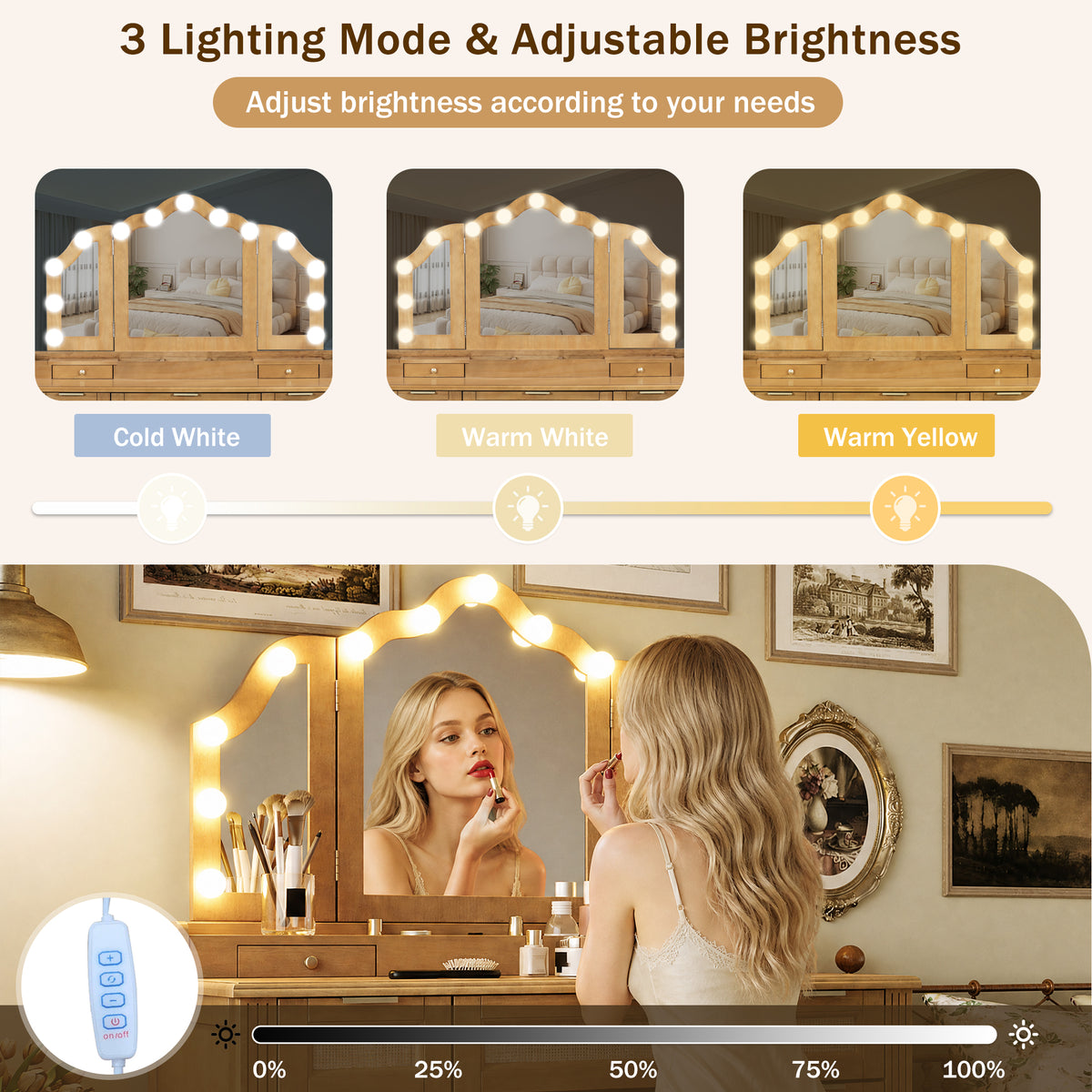 variant-group:rf-n704p342558n|Roomfitters 44-Inch Bohemian Makeup Vanity Desk with 13 Hollywood Bulbs Tri-Fold Mirror and Bamboo Drawers Natural