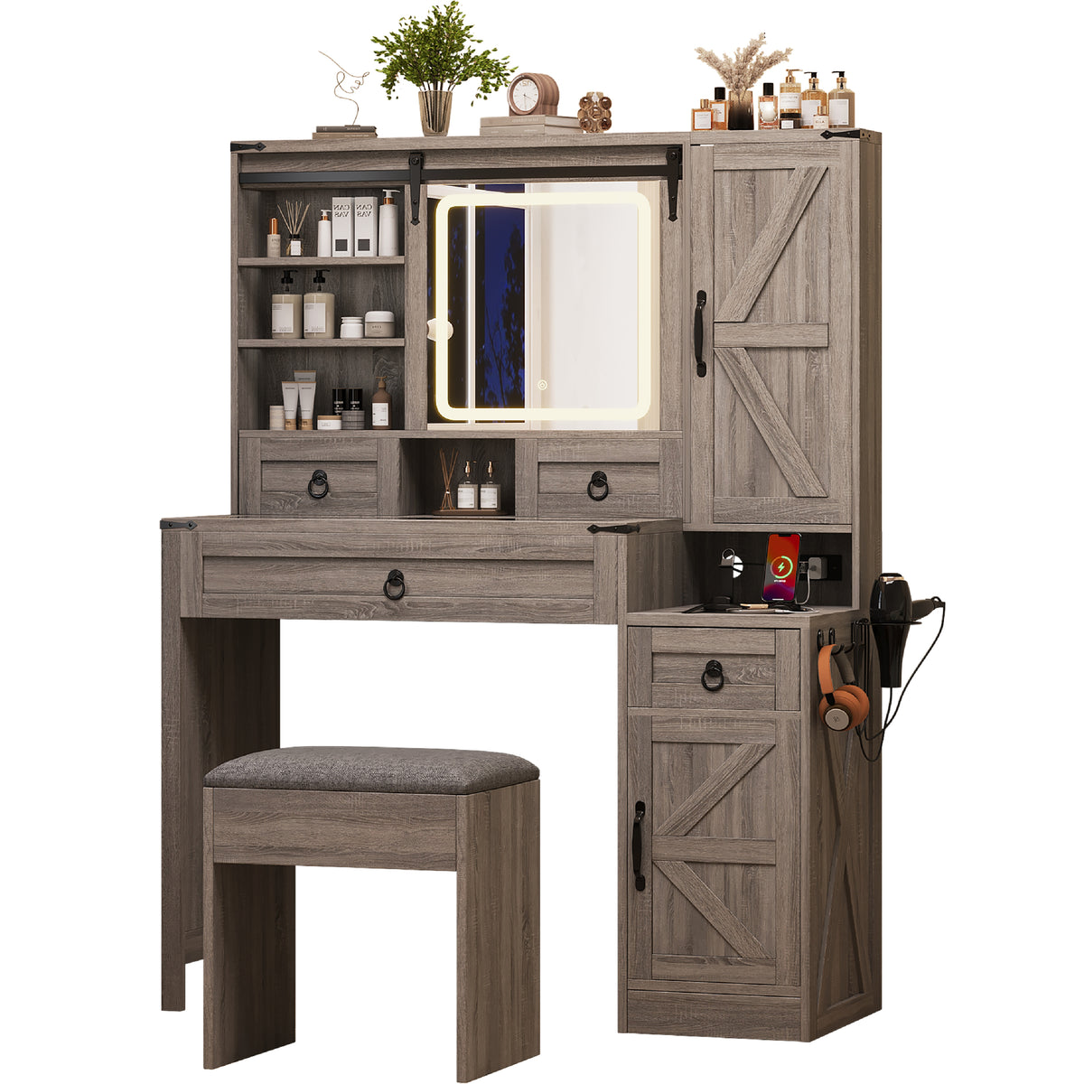variant-group:rf-n733p340562g|Roomfitters Farmhouse Vanity Desk with Sliding Mirror & Lights, Glass Top, Charging Station, 4 Drawers, 2 Cabinets, Stool, Gray