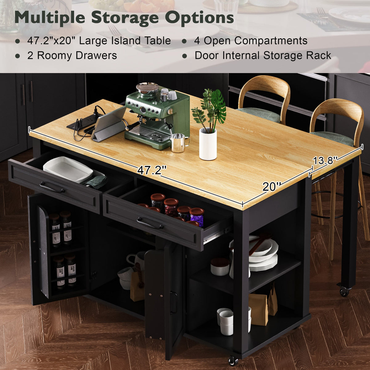Roomfitters 47" Kitchen Island with Slide-Out Dining Table, Mobile Cart with Built-in Outlets, Internal Racks, Black