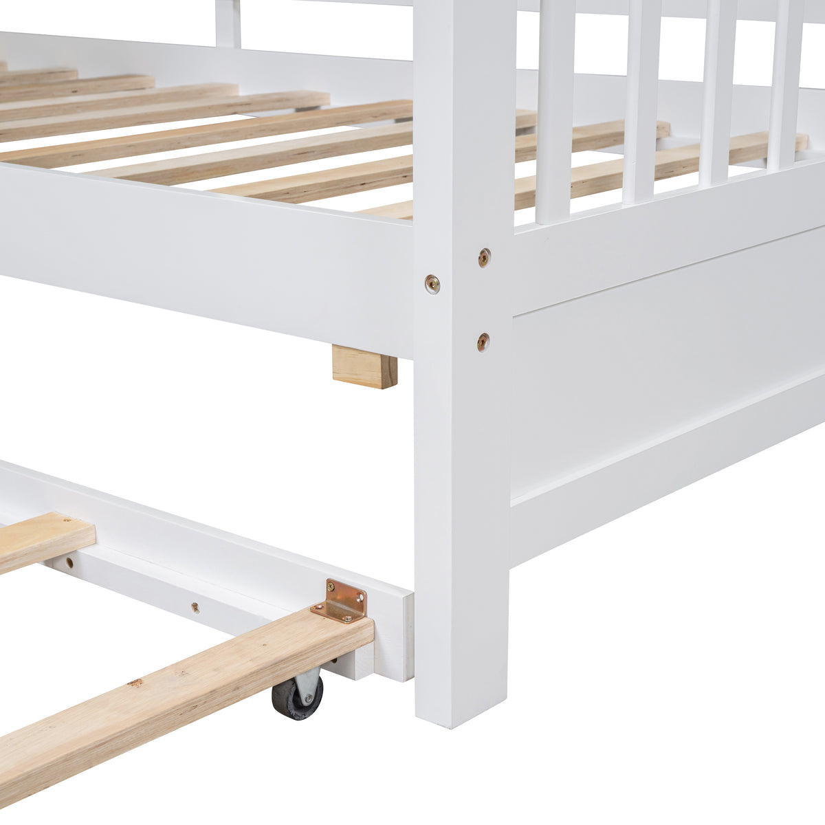 variant-group:rf-n733s316125k|Roomfitters Wooden Full Size House Bed with Trundle and Storage Shelf, White