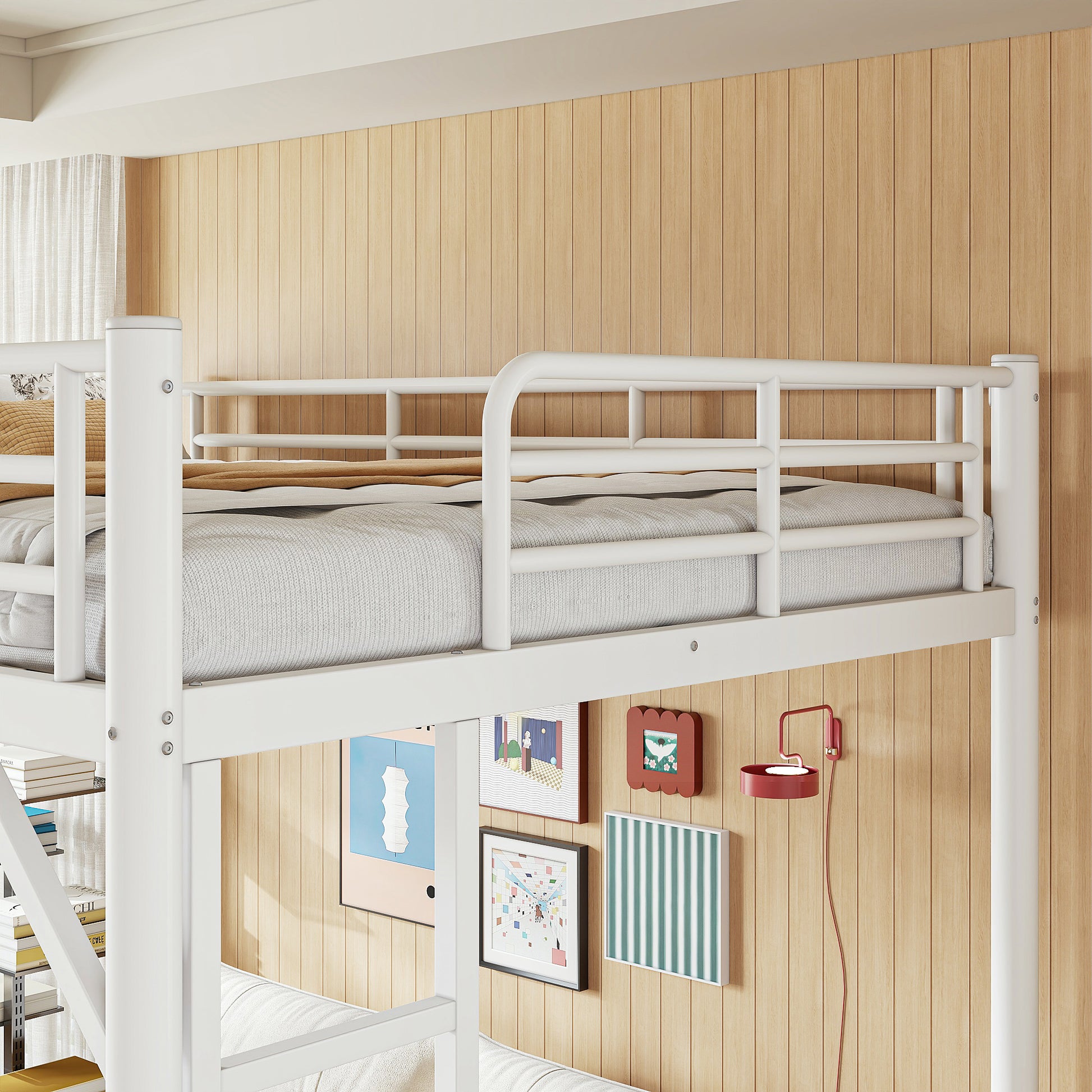 variant-group:rf-w1580p455016|Roomfitters Full Size Metal Loft Bed Frame with Guardrails, Heavy Duty Space Saving High Loft Bed Dual Ladders, White