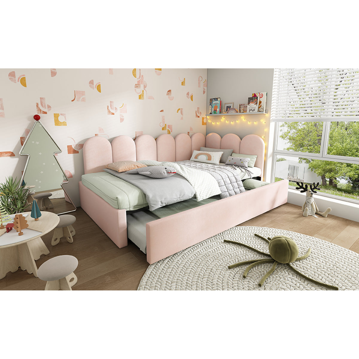 variant-group:rf-n736aa20362122p|Roomfitters Velvet Upholstered Twin Daybed with Pull Out Trundle, Sofa Bed with Metal Slat Frame, Pink