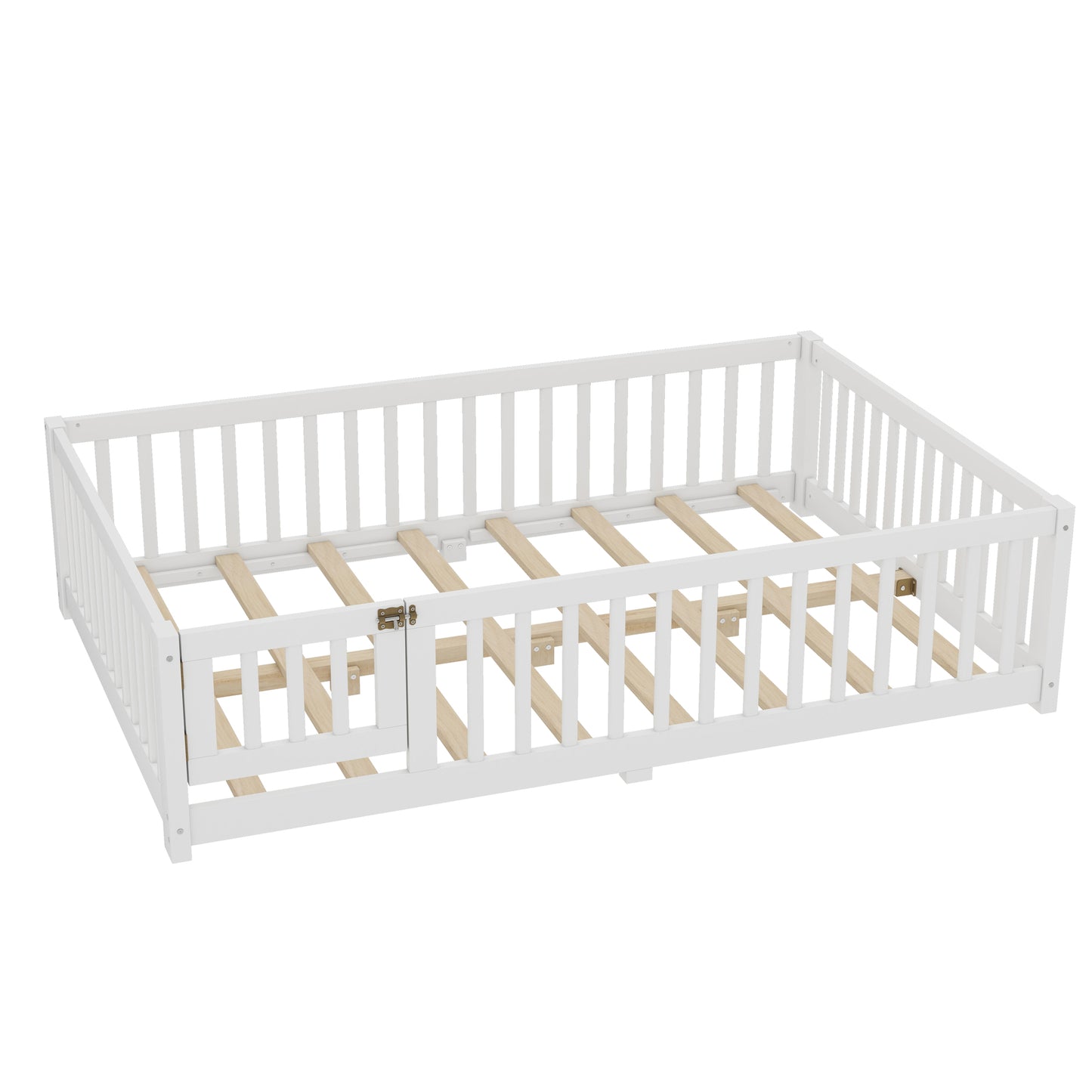 variant-group:rf-w1580p338950|Roomfitters Wooden Full Floor Bed Frame with Door & Safety Guardrails, Low Platform Design for Bedroom or Playroom, White