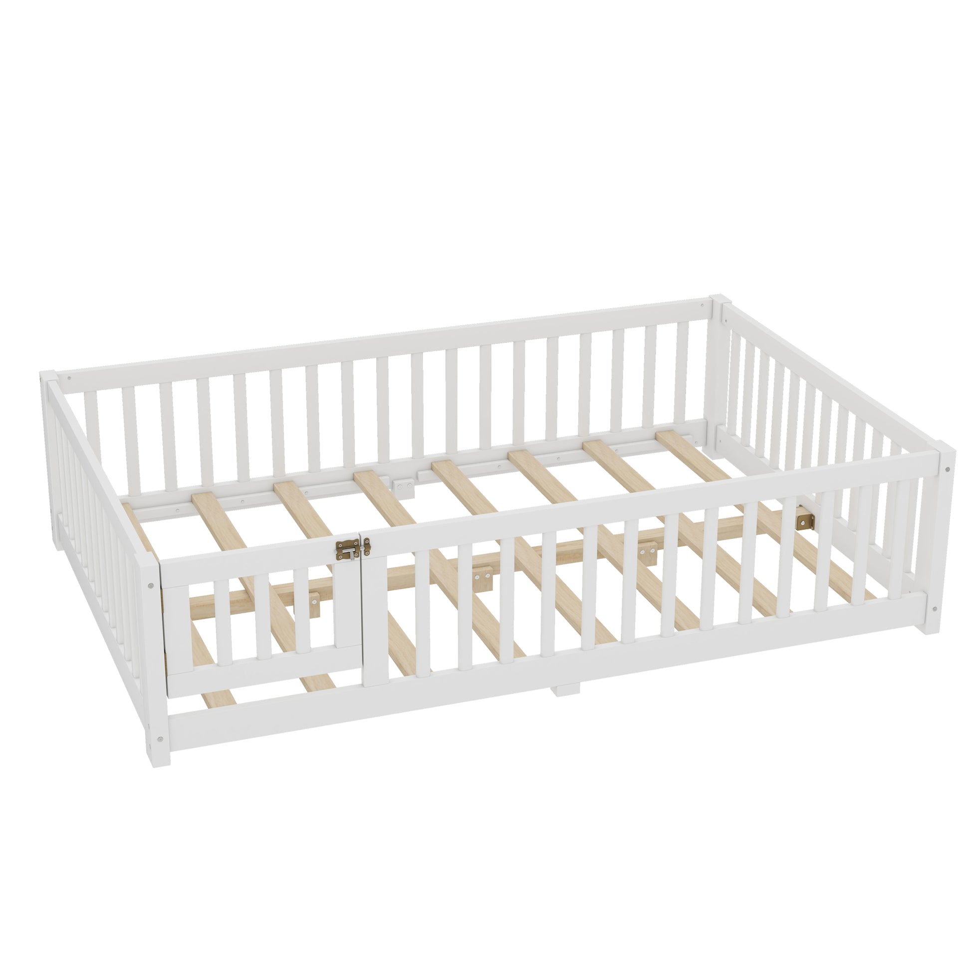 variant-group:rf-w1580p338950|Roomfitters Wooden Full Floor Bed Frame with Door & Safety Guardrails, Low Platform Design for Bedroom or Playroom, White