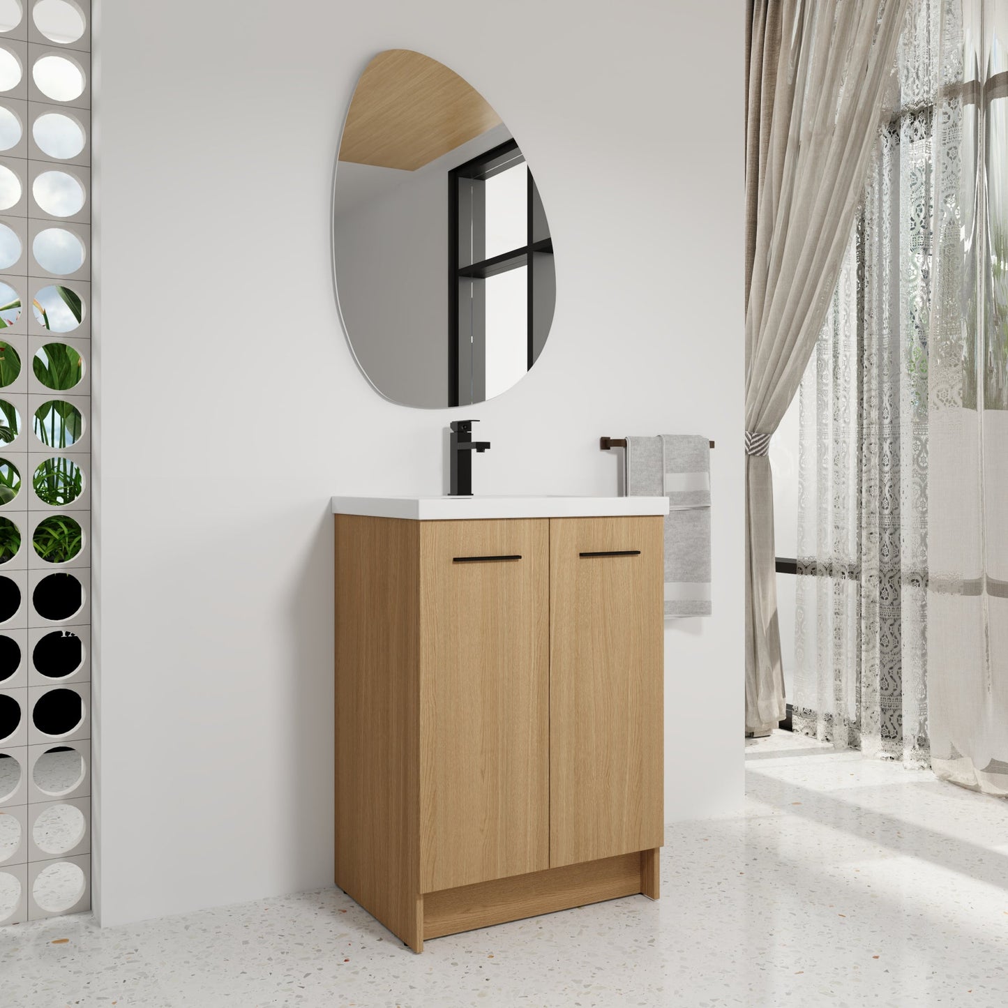 24" Freestanding Bathroom Vanity with Resin Sink, Light Oak, Double Door Storage, KD (Ready-to-Assemble), Includes Black & Brushed Aluminum Handles Roomfitters