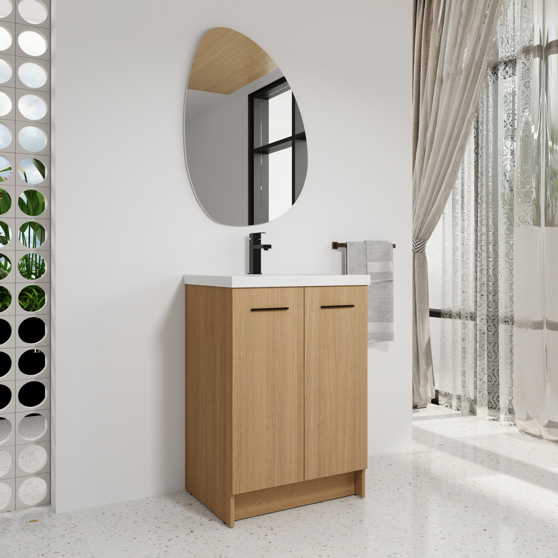 24" Freestanding Bathroom Vanity with Resin Sink, Light Oak, Double Door Storage, KD (Ready-to-Assemble), Includes Black & Brushed Aluminum Handles Roomfitters
