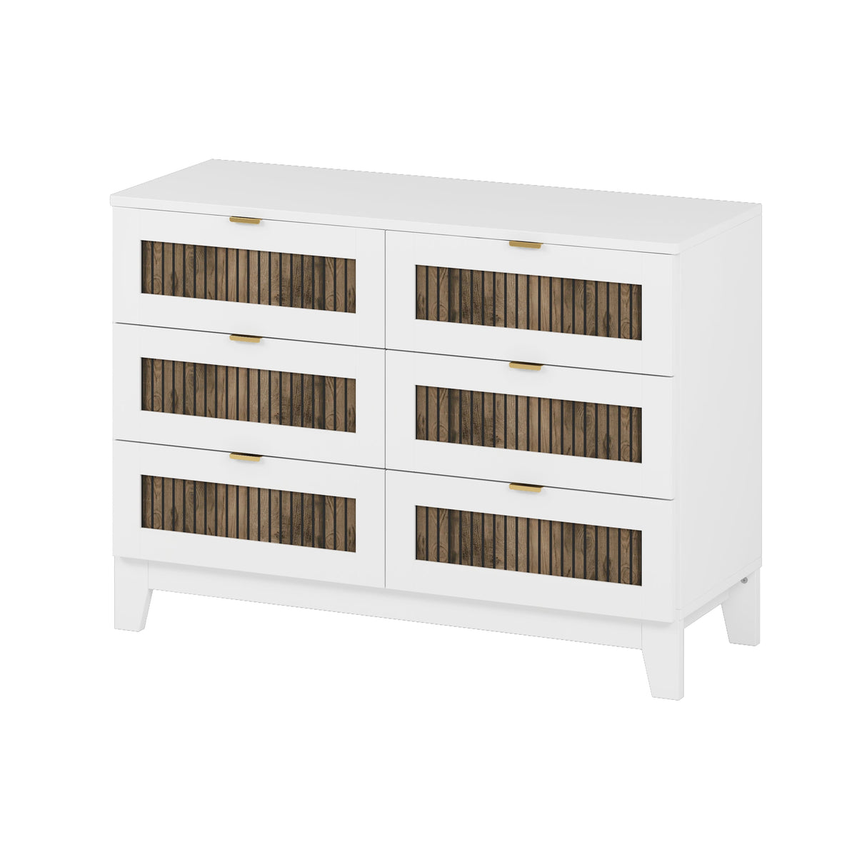 Roomfitters Elegant Dresser with Metal Handles and Glittering Decorative Accents, 6-Drawer Storage Cabinet for Bedroom and Living Room, White