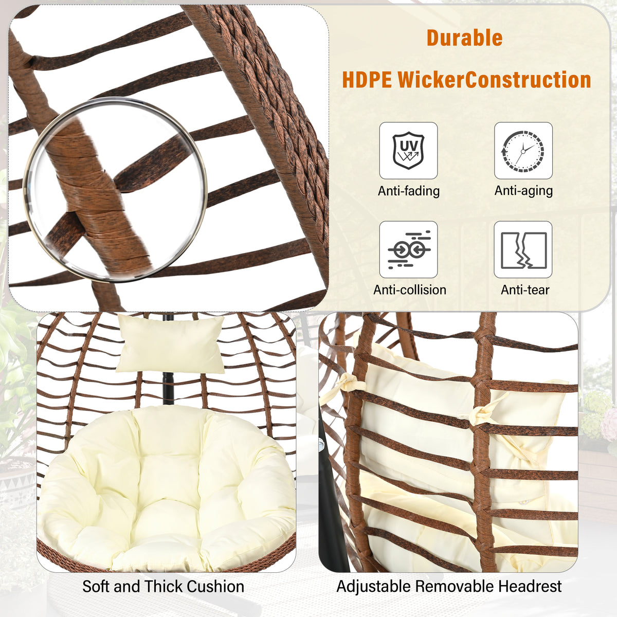 variant-group:rf-n711p389502k|Roomfitters Indoor Outdoor Hanging Egg Hammock Chair with Stand, Wicker Rattan Swing for Patio and Bedroom, Brown+Beige