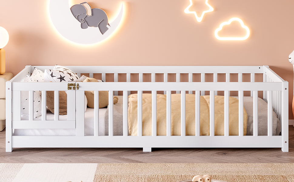 variant-group:rf-w1580p338944|Roomfitters Wooden Twin Floor Bed Frame with Door & Safety Guardrails, Low Platform Design for Bedroom or Playroom, White