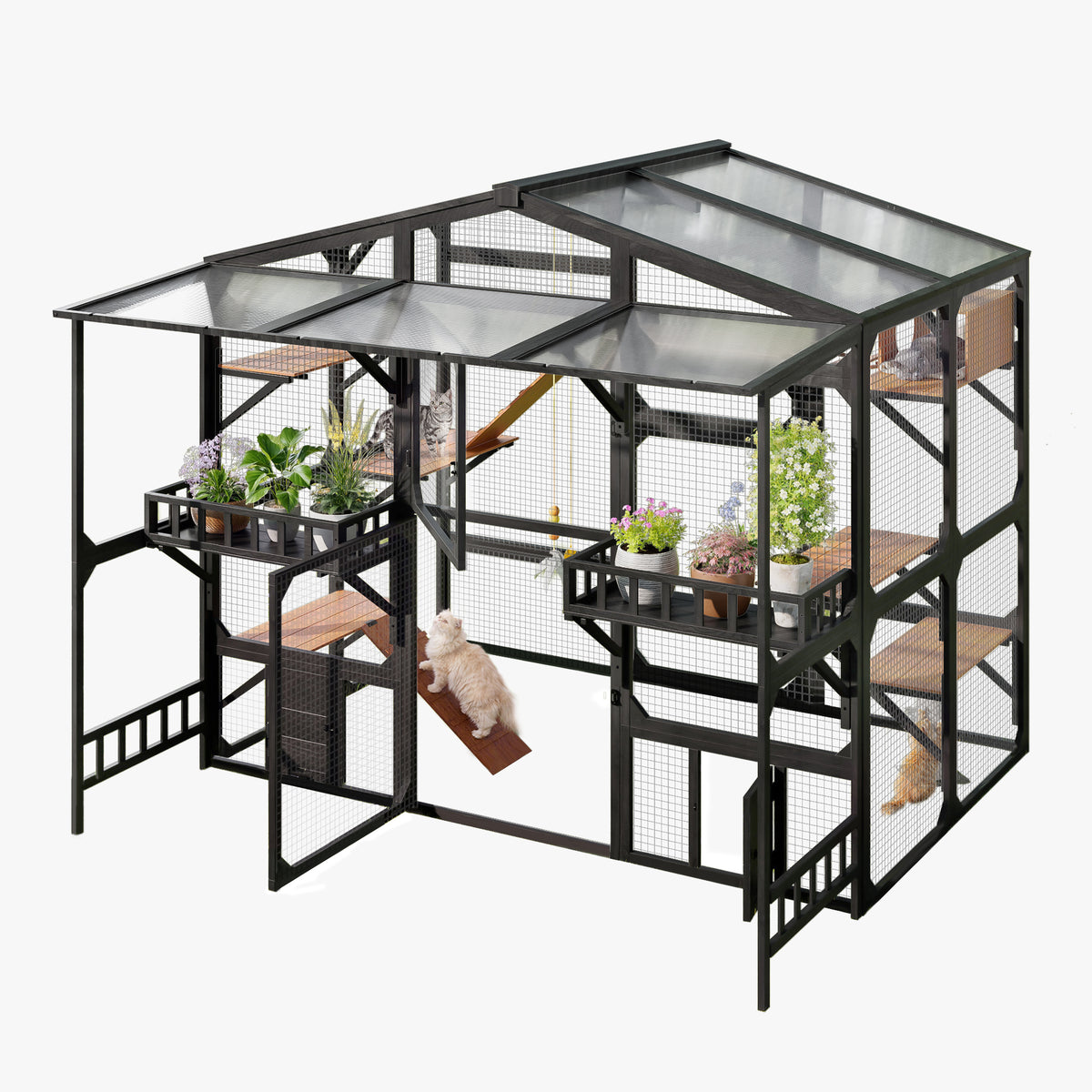 variant-group:rf-n704g201620b|Roomfitters Extra Large Wood Catio Cat Cage Outdoor Kennel with Transparent Sunroof and Dual Storage Shelves Black