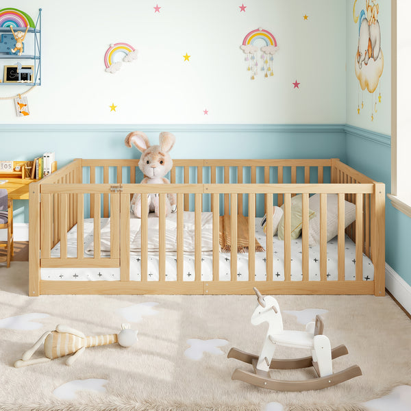Roomfitters Twin/Queen Size Wooden Floor Bed with Safety Guardrails Door, Solid Wood Low Profile Toddler Bed Frame, Natural