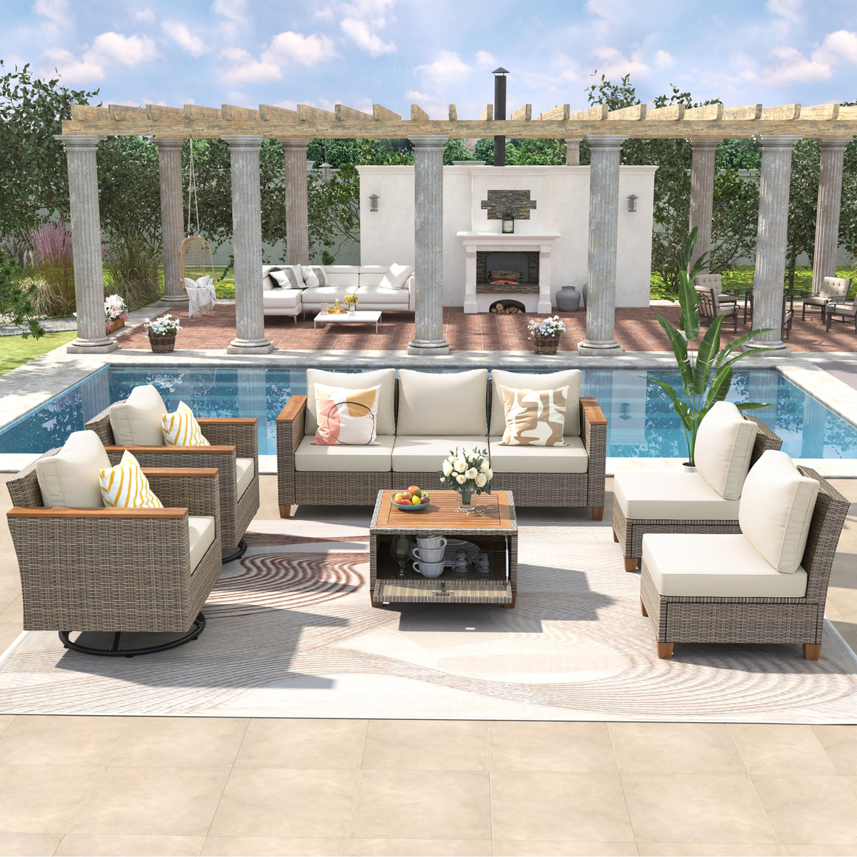 variant-group:rf-n707s005016z|Roomfitters 8-Piece Patio Furniture Set with 360 Swivel Rocker Chairs, Modular Outdoor Sectional Sofa & Table, Beige+Brown