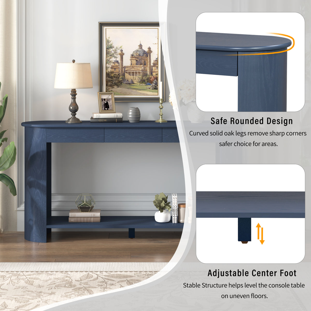 variant-group:rf-n711p395523c|Roomfitters Modern Farmhouse Navy Blue Oak Veneer Semi-Circular Console Table with 3 Drawers and Open Bottom Storage Shelf