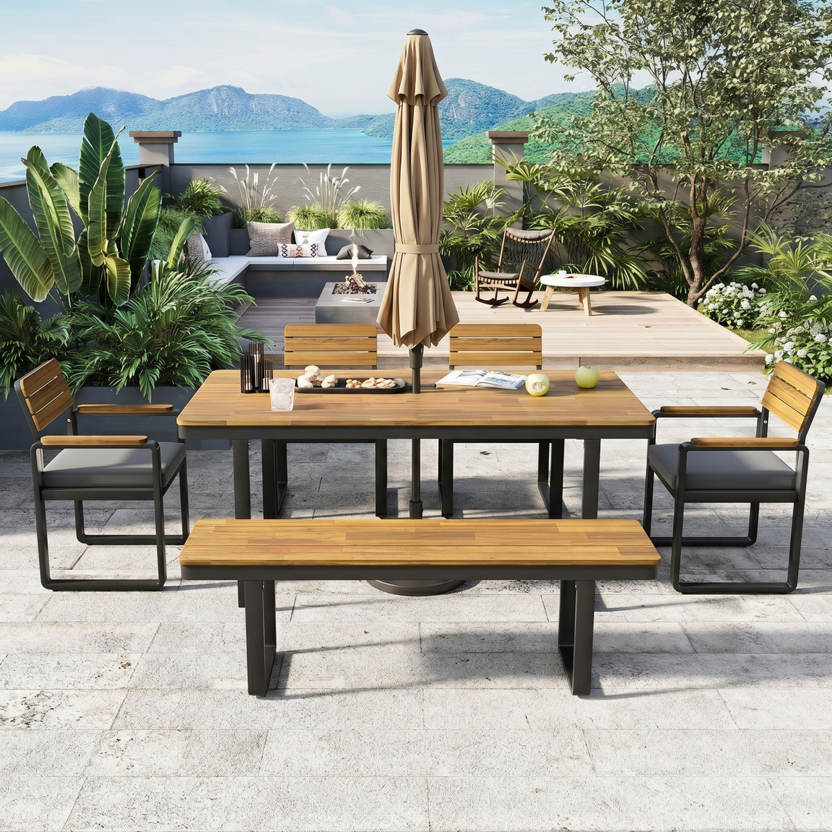 variant-group:rf-n704g201255e|Roomfitters 6-Piece Solid Acacia Wood Patio Dining Set with Steel Frames and Cushion Chairs Gray