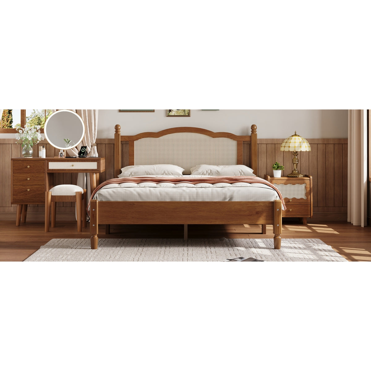 variant-group:rf-n733p180013d|Roomfitters Queen Size Wooden Platform Bed with Natural Rattan Headboard, Stylish Vintage Bed Frame with Durable Wooden Slat Support for a Sophisticated Look, Walnut