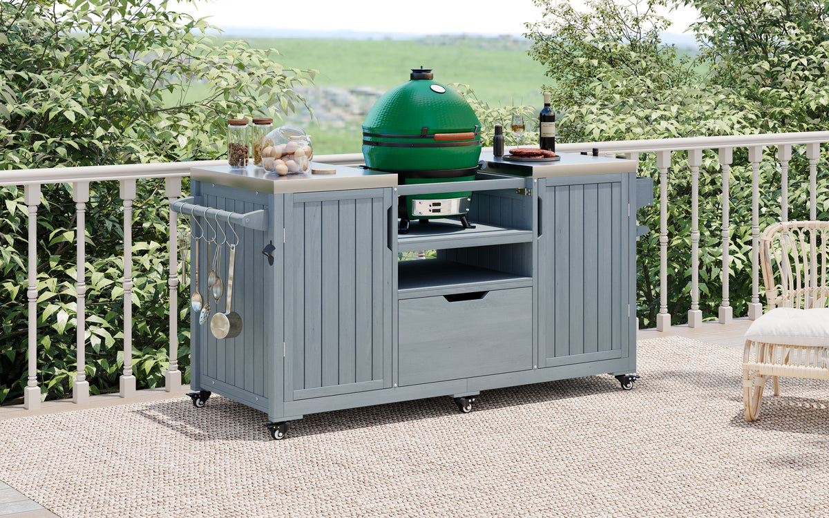 variant-group:rf-n707p250629g|Roomfitters 66.5" Outdoor Kitchen Island for Big Kamado Grills, Wood Grill Cart with Stainless Steel Top, Storage, Grey Blue