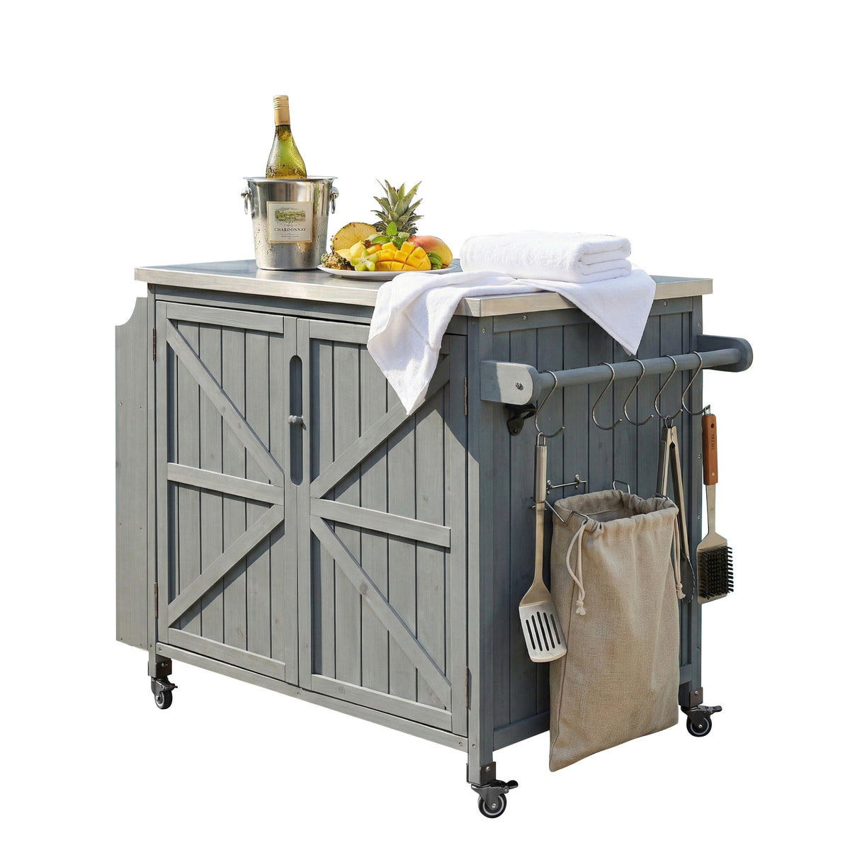 variant-group:rf-n707p370287g|Roomfitters 42.1" Grill Cart, Outdoor Kitchen Island with Stainless Steel Top, BBQ Prep Station with Spice Rack, Grey+Blue