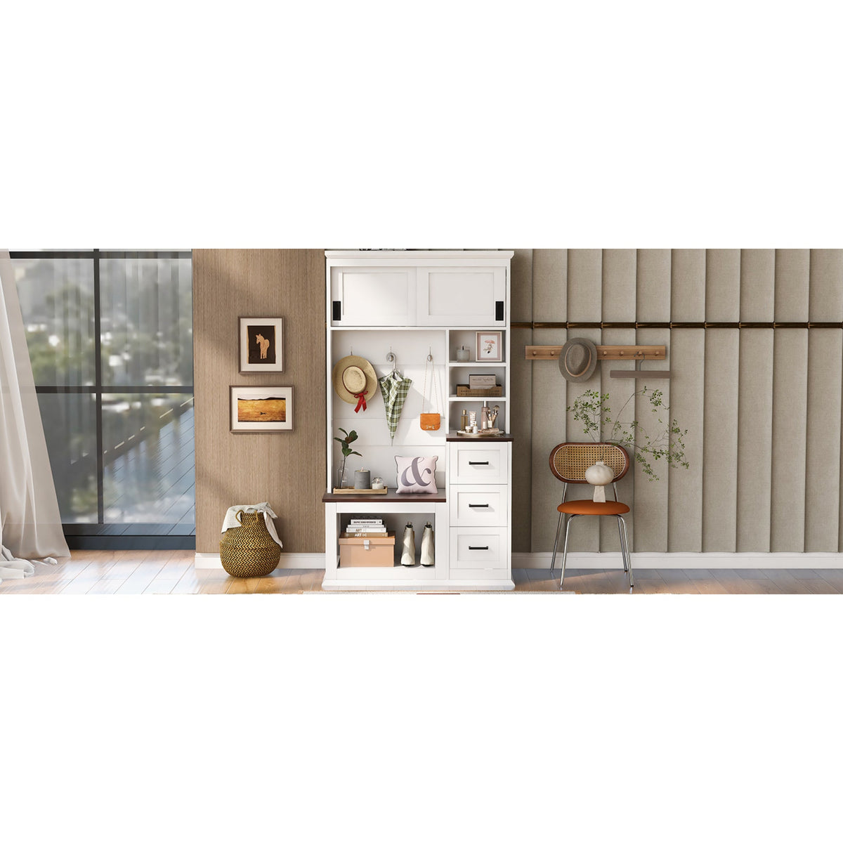 Roomfitters Modern Entryway Hall Tree with Storage Bench, 3 Drawers, White & Walnut Roomfitters
