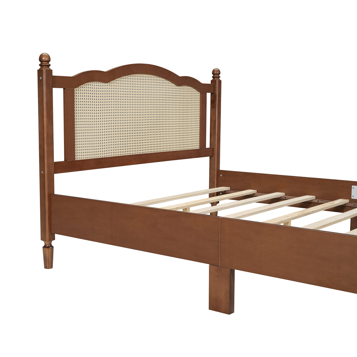 variant-group:rf-n733p180013d|Roomfitters Queen Size Wooden Platform Bed with Natural Rattan Headboard, Stylish Vintage Bed Frame with Durable Wooden Slat Support for a Sophisticated Look, Walnut