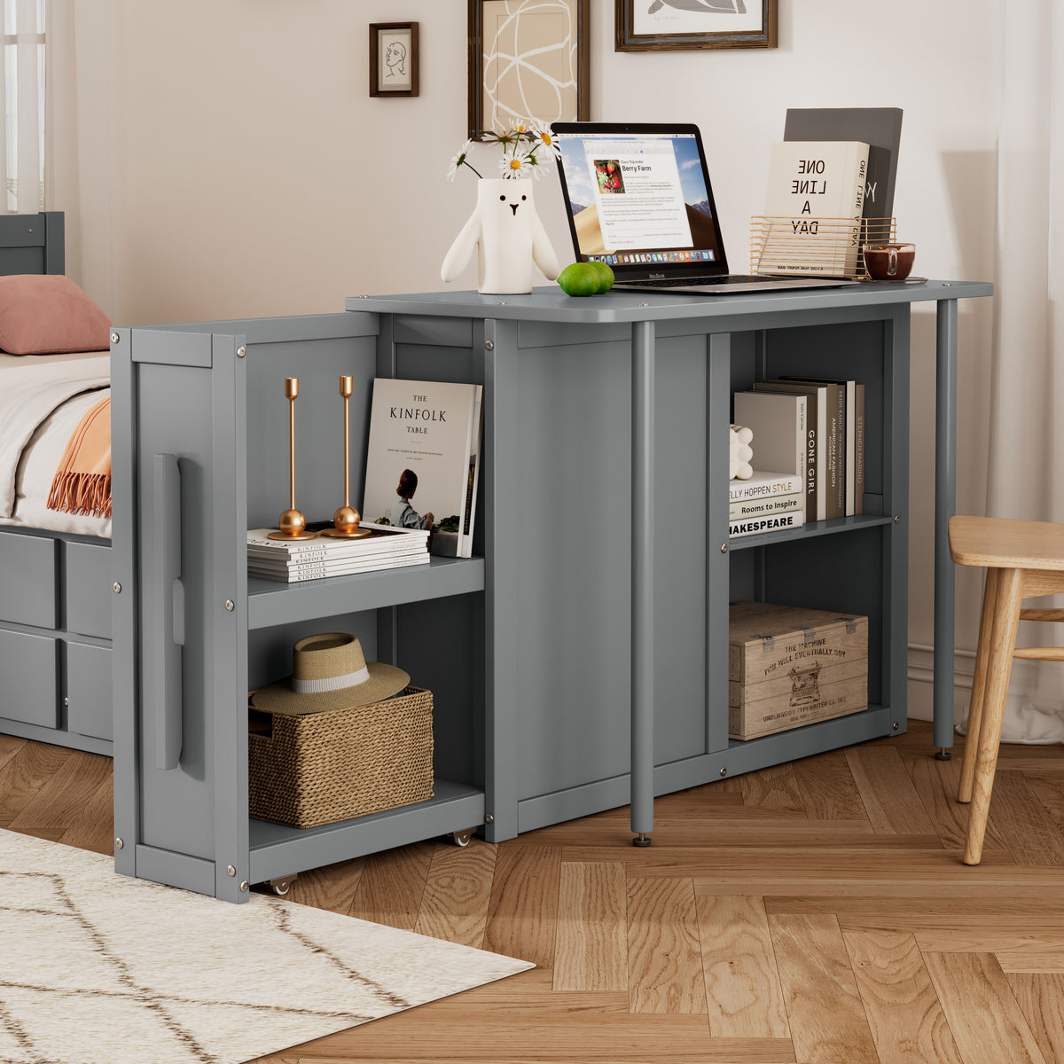 variant-group:rf-n733s212832e|Roomfitters Twin Size Multifunctional Wood Platform Bed with Desk and Storage Shelf, Built-in Trundle and Storage, Grey