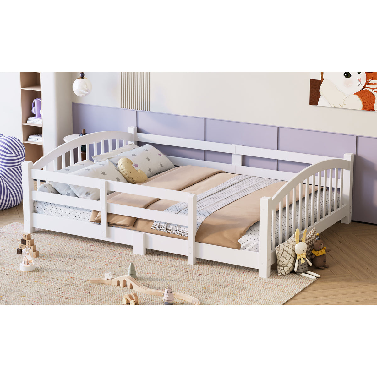 variant-group:rf-n733p400299k|Roomfitters Full Montessori Floor Bed with Guardrails, Solid Wood Low Platform Bed with Slats, Easy Assembly, White