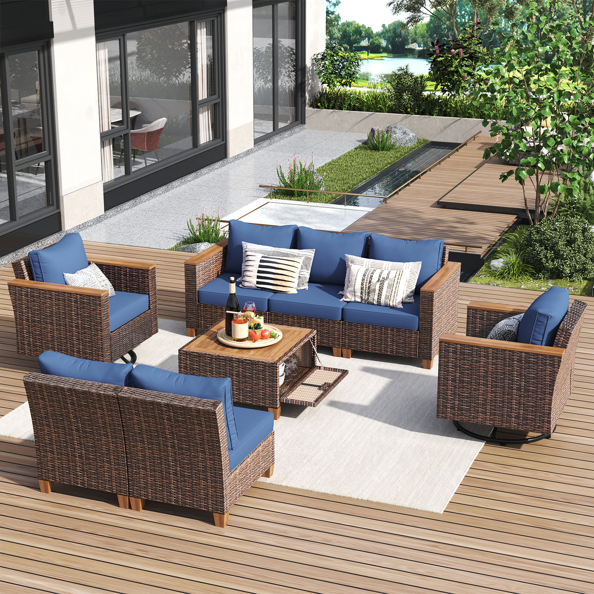 variant-group:rf-n707s005016e|Roomfitters 8-Piece Patio Furniture Set with 360 Swivel Rocker Chairs, Modular Outdoor Sectional Sofa & Table, Blue+Brown