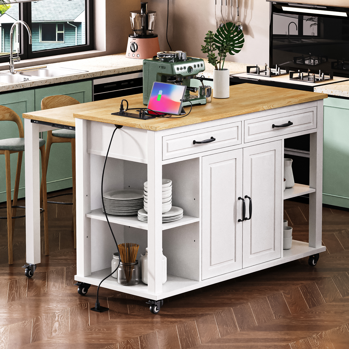 variant-group:rf-n707p215327w|Roomfitters 47" Kitchen Island with Extendable Dining Table, Storage Cabinet, Power Outlet, Rubber Wood Veneer, White