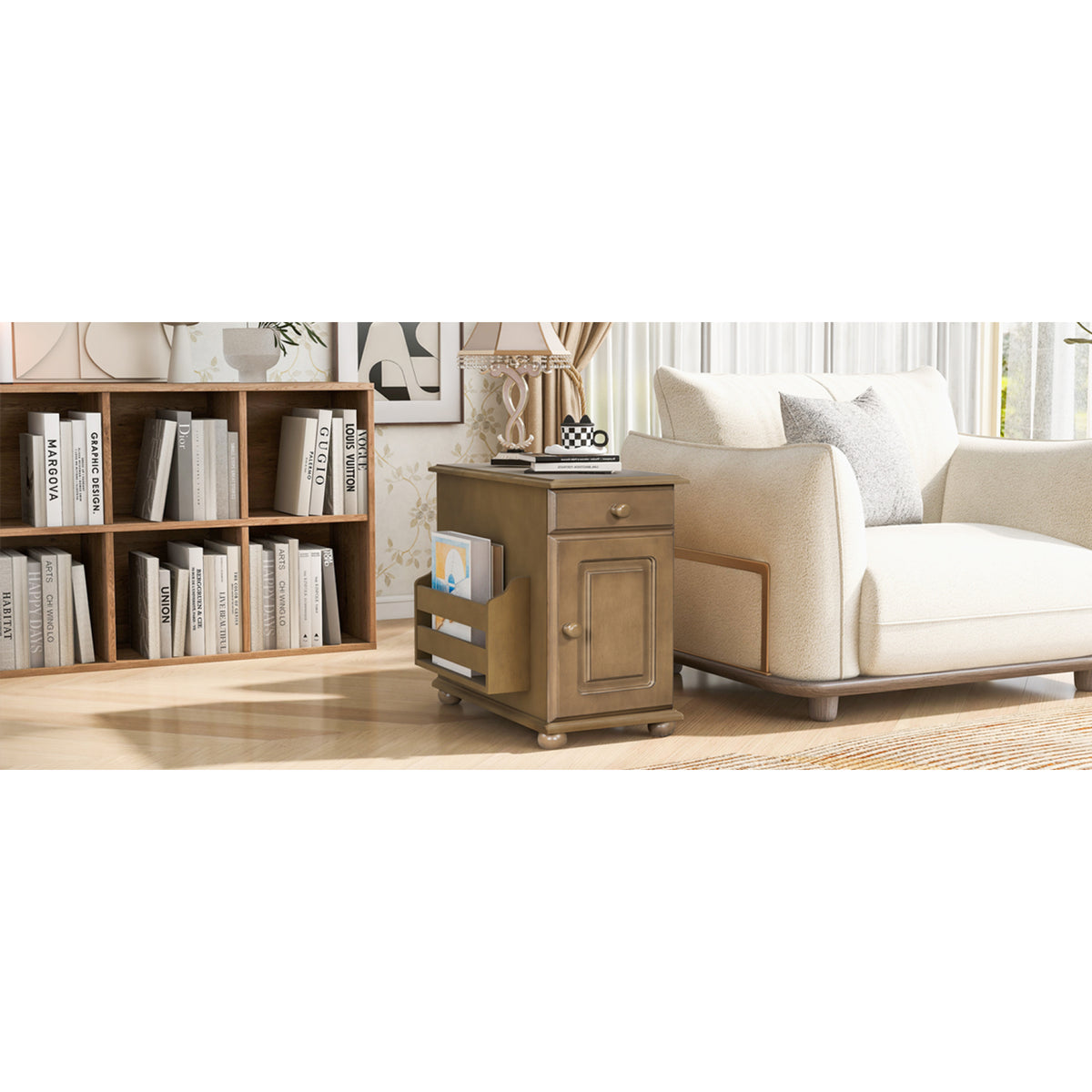 variant-group:rf-n724p293133d|Roomfitters Vintage Sofa Side Table with USB Ports, Flip Top, Cup Holders and Bookshelf Storage for Small Spaces, Brown