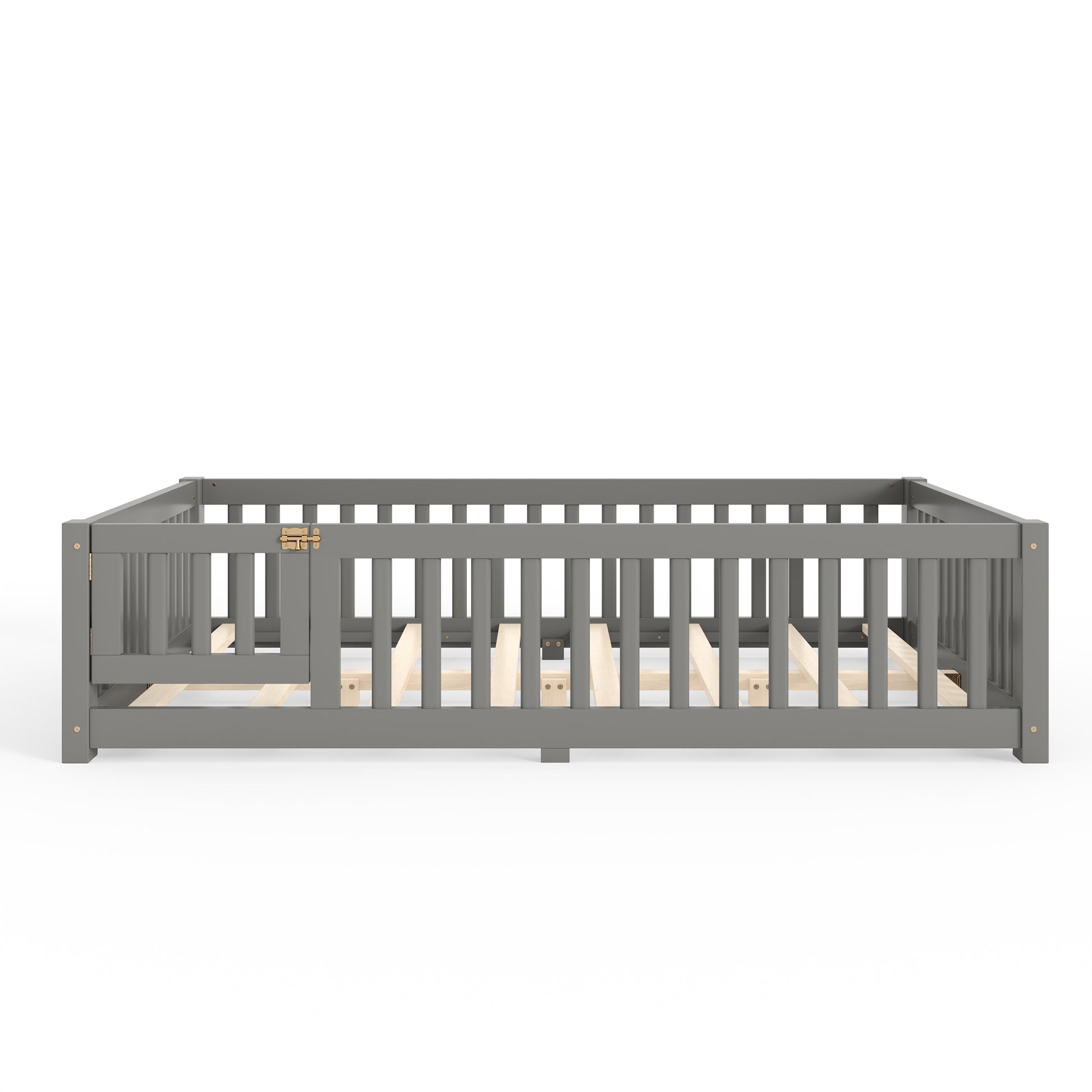 variant-group:rf-w1580p462318|Roomfitters Full Size Wooden Floor Bed Frame with Safety Guardrails Door, Solid Wood Low Profile Toddler Play Bed, Gray