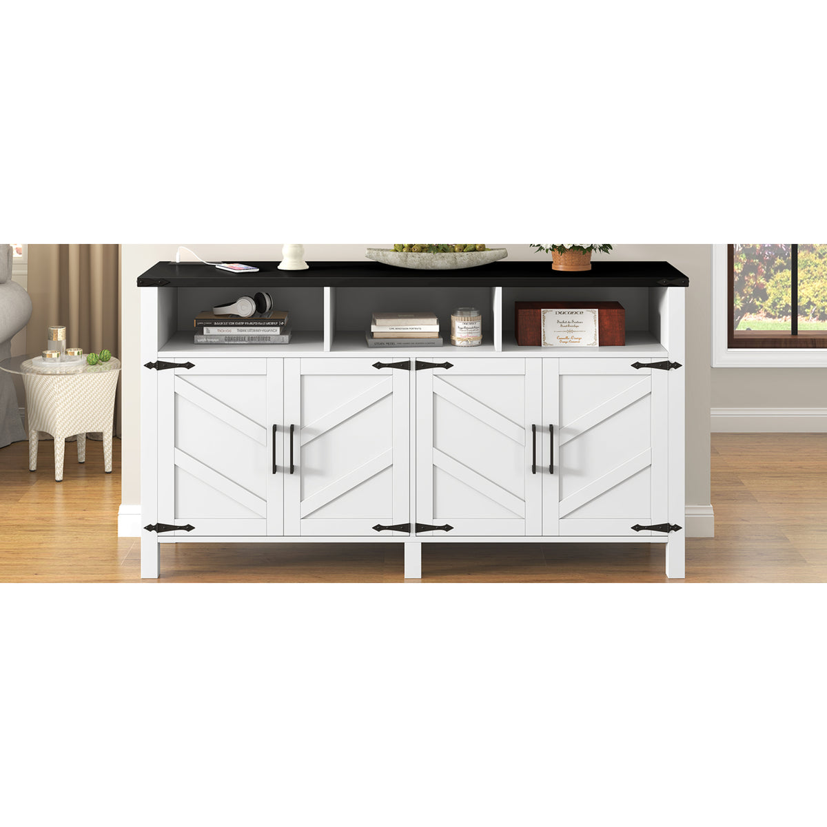 variant-group:rf-n711p347407k|Roomfitters 59" Sideboard Buffet Cabinet with 4 Door & Open Storage, Modern Farmhouse Industrial Coffee Bar Station, White+Black