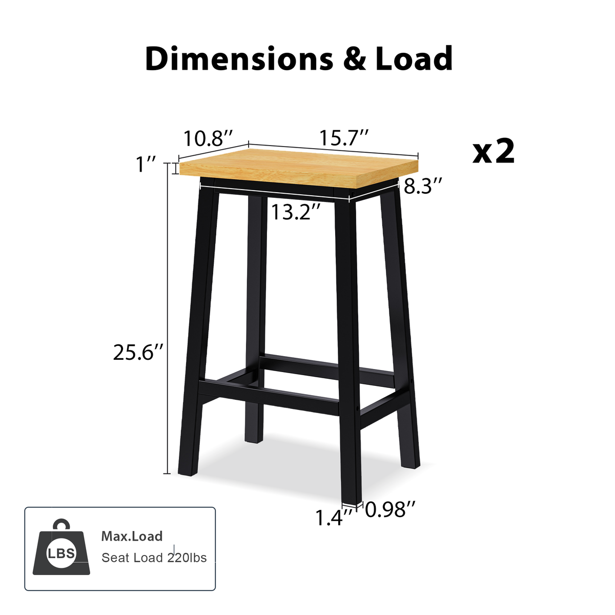 variant-group:rf-n707p185529b|Roomfitters Set of 2 Counter Height Stools, 25.6" A-Frame Solid Wood Bar Stools with Contoured Wood Seat & Footrest, Black