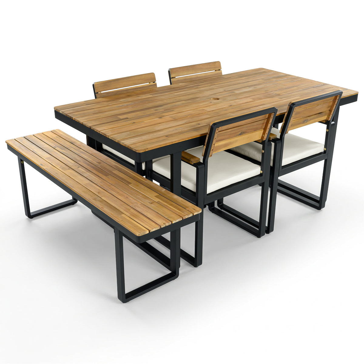 variant-group:rf-n704g201255a|Roomfitters 6-Piece Solid Acacia Wood Patio Dining Set with Steel Frames and Cushion Chairs Beige
