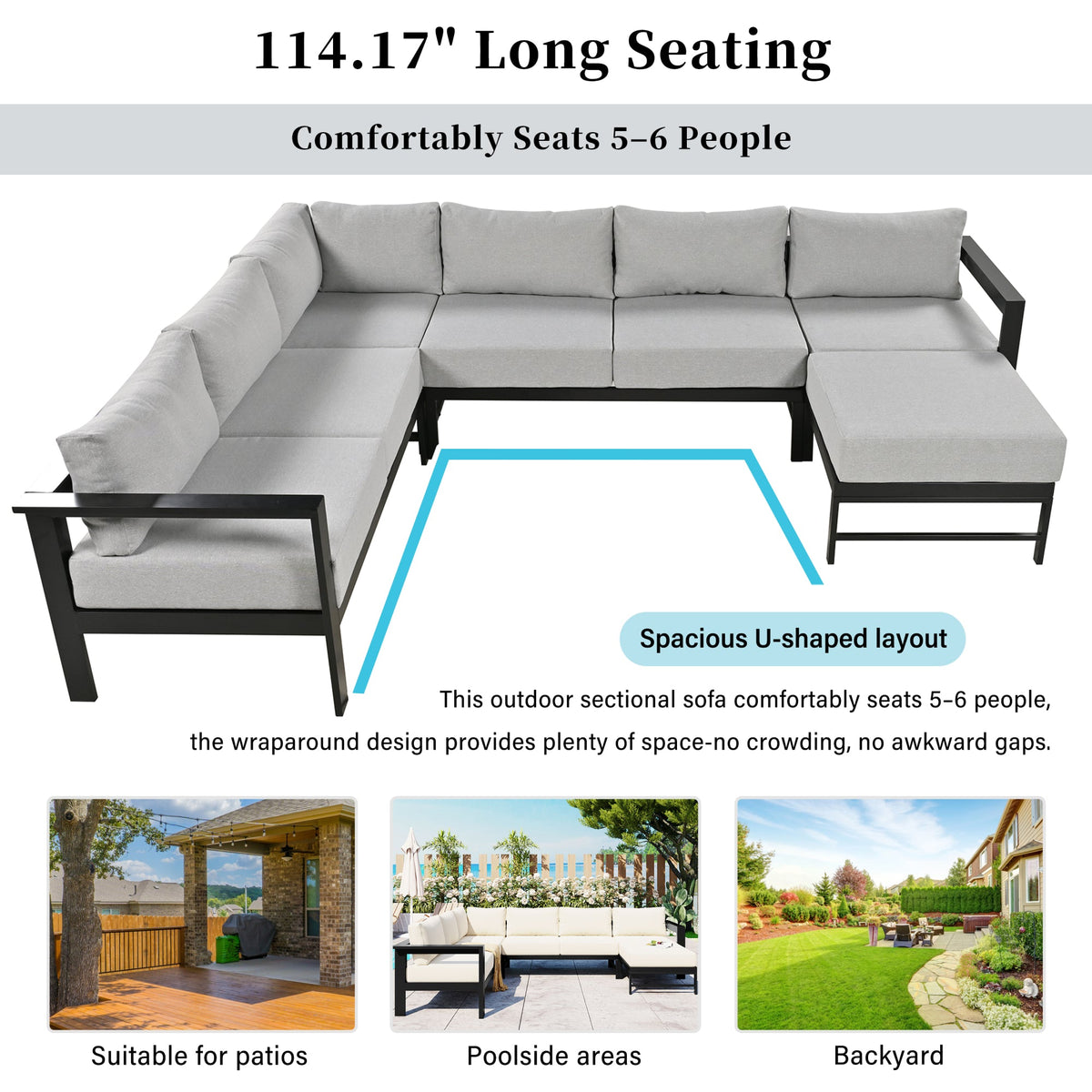 Roomfitters Modern U-Shaped Outdoor Sectional Sofa Set, 5-6 Seat Patio Conversation, Grey Cushions, Iron Frame Pit Roomfitters