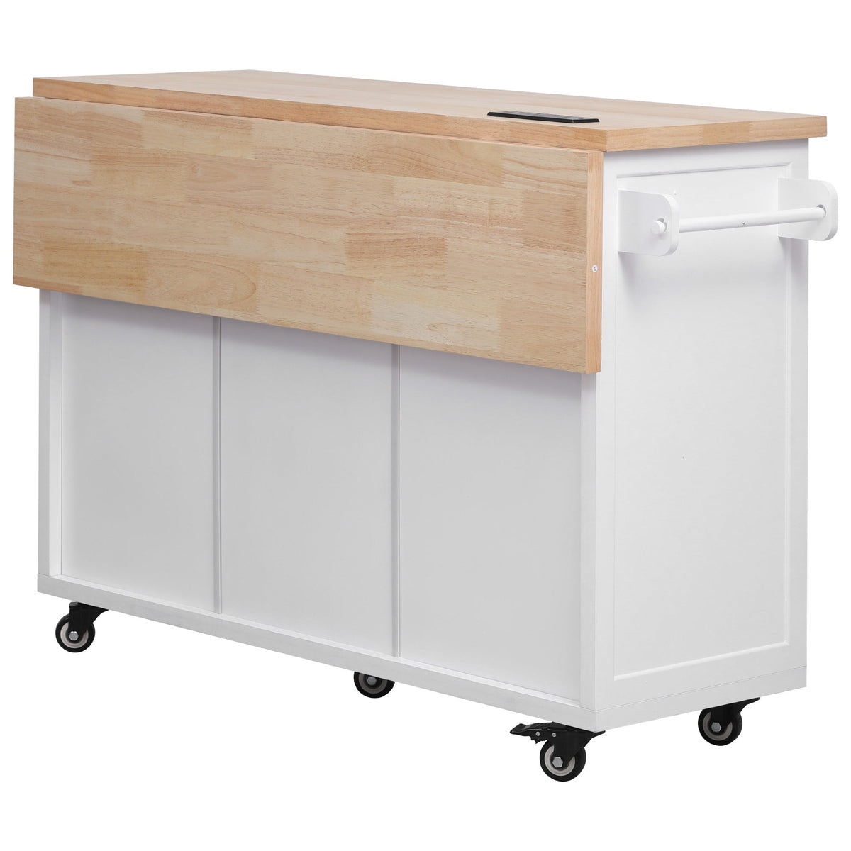 Roomfitters 56.5" Kitchen Island with Drop Leaf, Rolling Kitchen Cart with 5 Storage Drawers, Spice Rack & Towel Holder, White