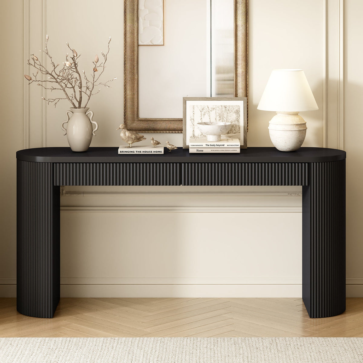 Roomfitters Rustic Farmhouse Black Pine Veneer Console Table Dual Drawer Entryway Furniture Arched Legs Roomfitters