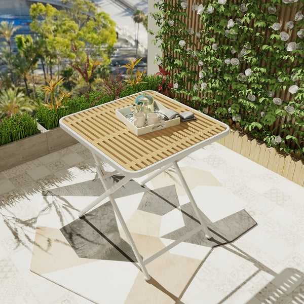 Summer - Modern folding square table- indoor and outdoor multi-functional table- polypropylene tabletop with metal legs, suitable for dining rooms, living rooms, gardens, terraces, etc. (White, khaki)