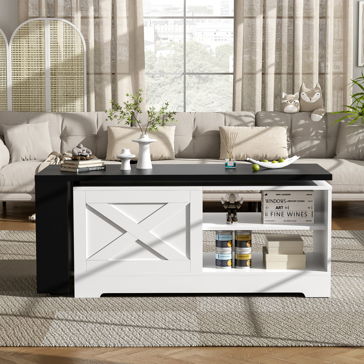 variant-group:rf-n724p351732k|Roomfitters Farmhouse Lift Top Coffee Table with Barn Doors and Outlets, White & Black
