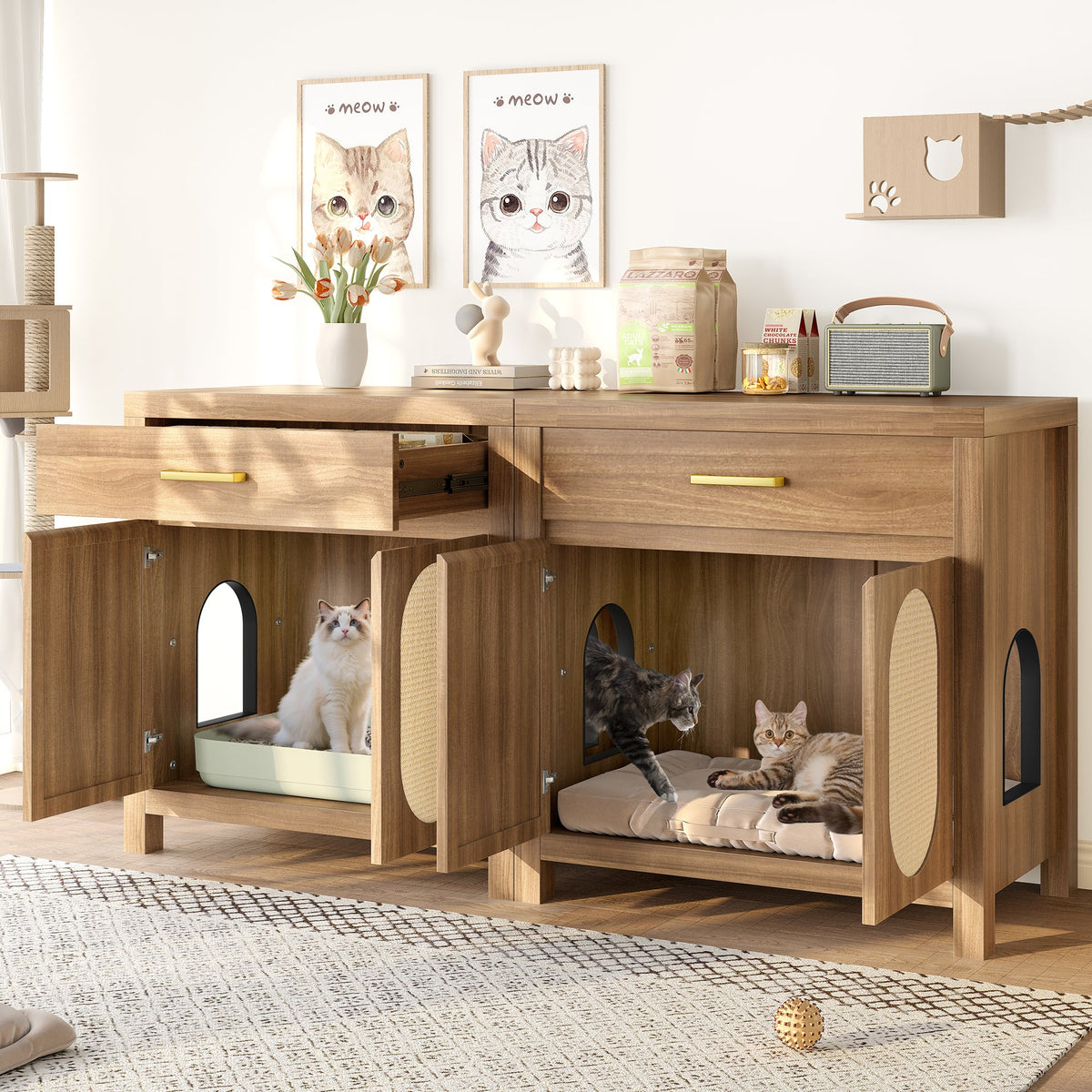 Roomfitters Espresso Cat Litter Box Enclosure End Table Nightstand with Sisal Scratching Pad Cabinet Doors Roomfitters