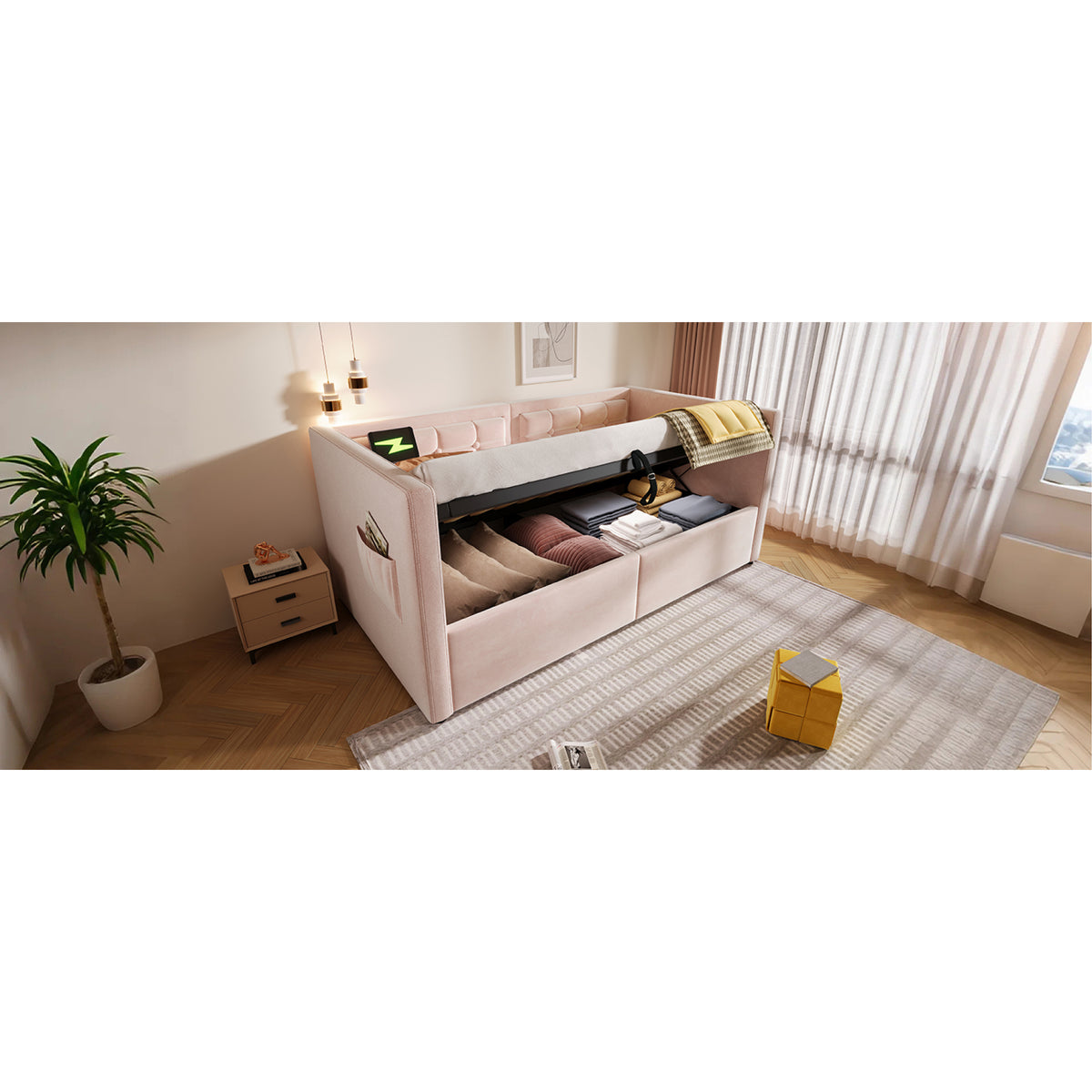 variant-group:rf-n736p303402p|Roomfitters Upholstered Twin Size Daybed with Storage, USB & Type-C Charging, Tufted Sofa Back, Velvet Pink